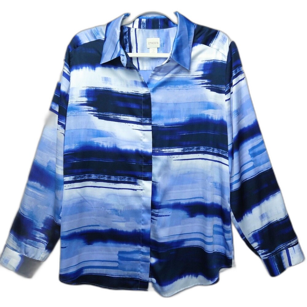 Chicos Top Blue Watercolor Abstract Stripe Print Nautical Coastal SZ 2 - L 14/16
